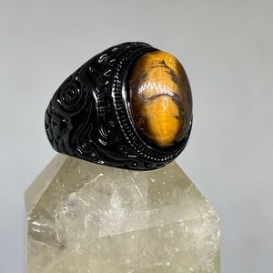 Genuine Tiger’s Eye set in Wide Black Steel Band